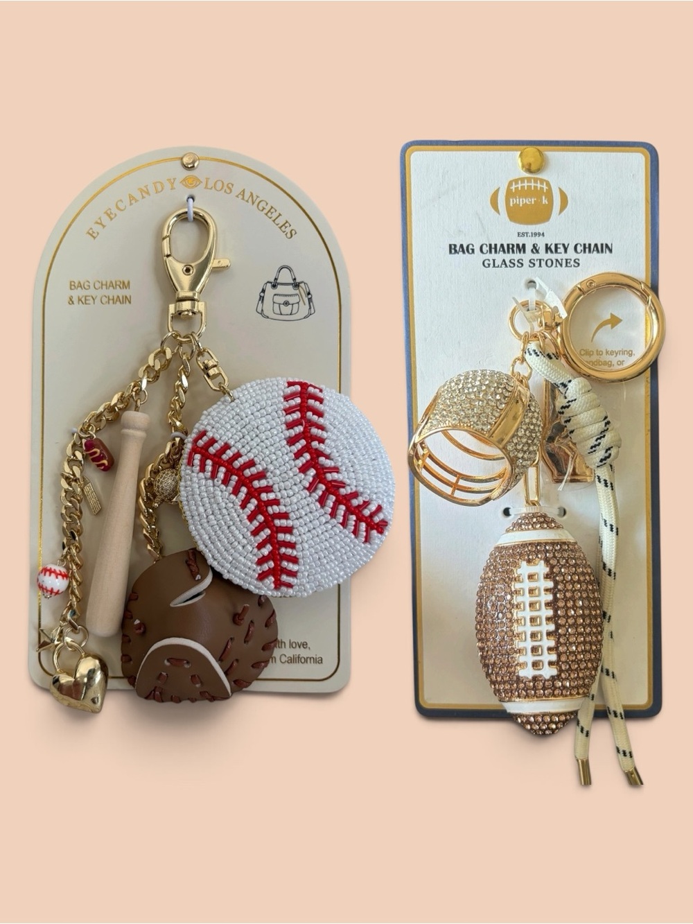 BUNDLE Baseball & Football Bag Charms Keychains - White, Red, Brown, Gold